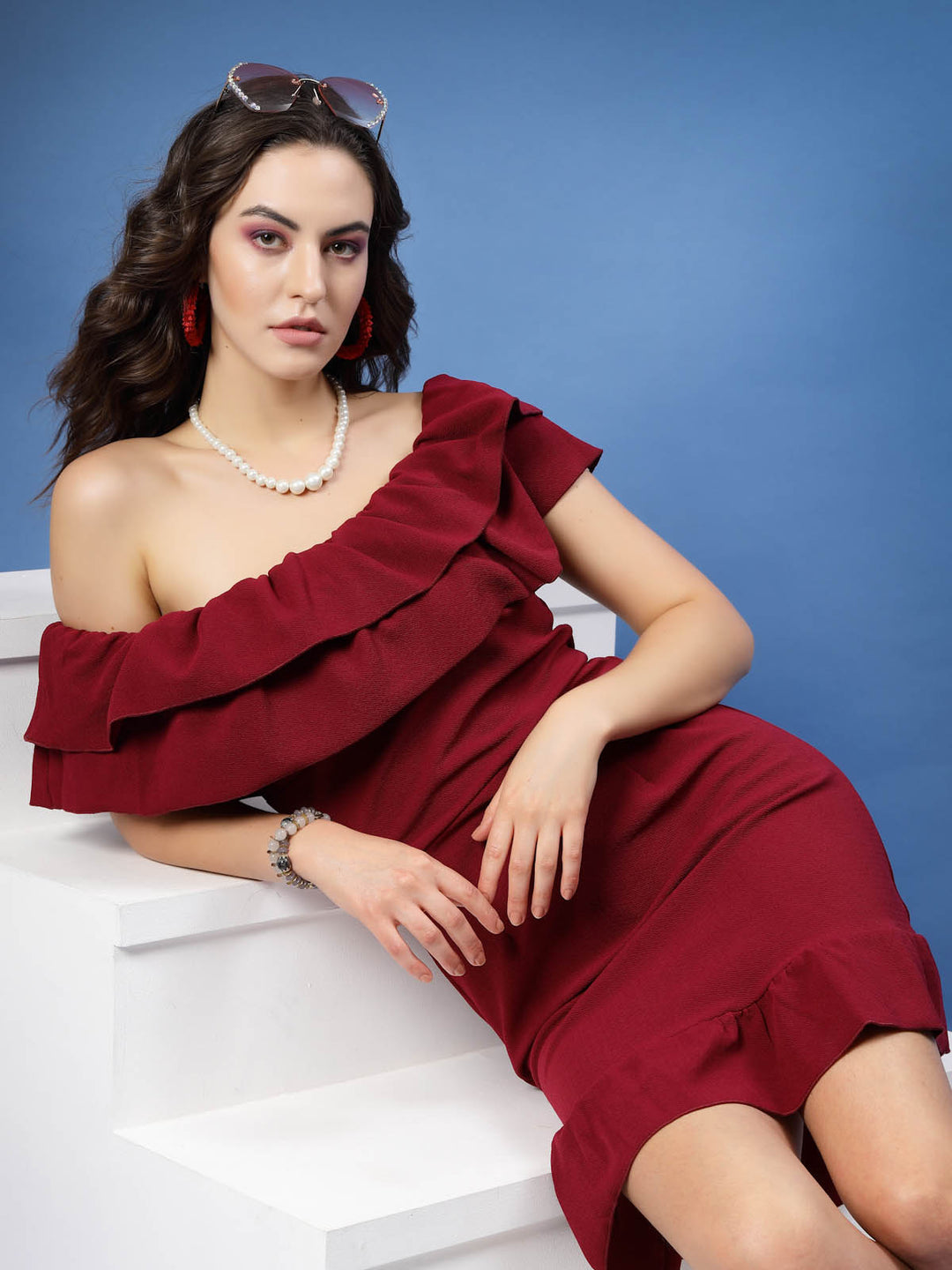 Maroon Off-Shoulder Ruffles Sheath Dress