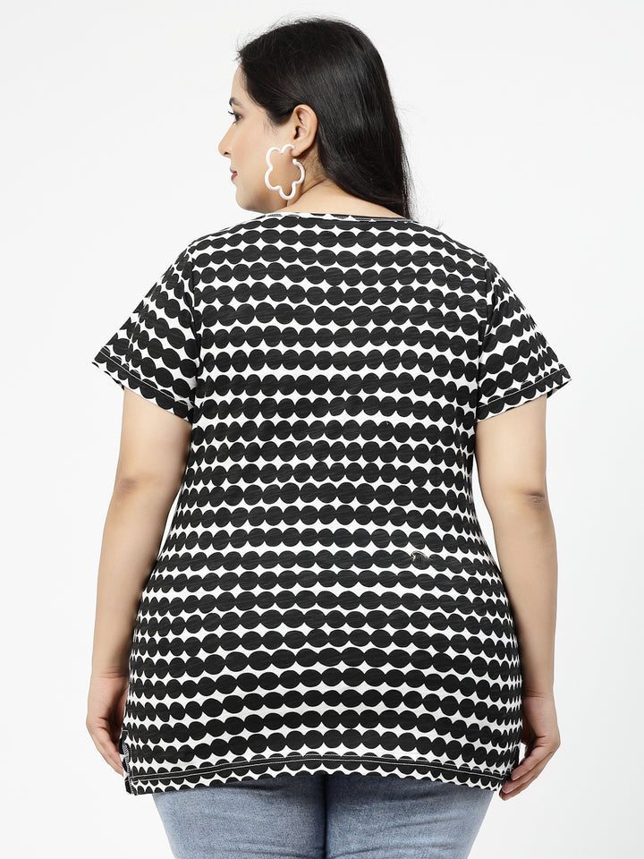 Plus Size Black Abstract Printed Cotton T-shirt