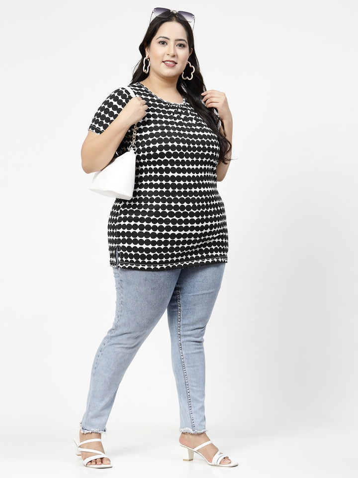 Plus Size Black Abstract Printed Cotton T-shirt