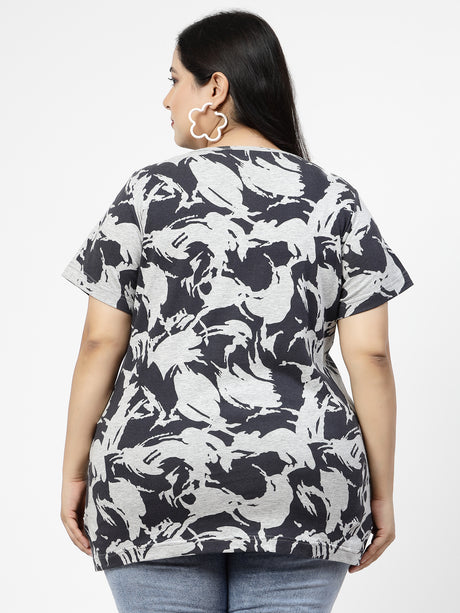 Plus Size Grey Abstract Printed Cotton T-shirt