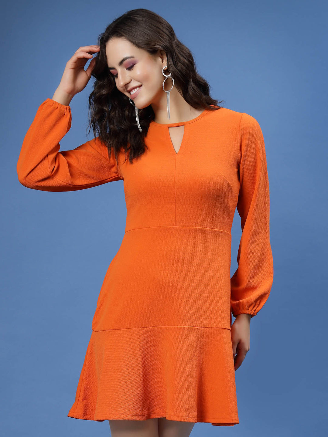 Orange Puff Sleeve Cut-Outs Detail Flounce Hem A-Line Mini Dress