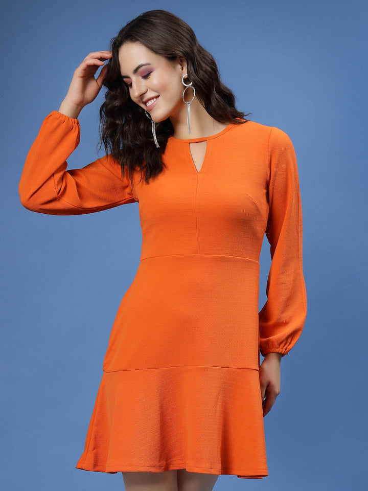 Orange Puff Sleeve Cut-Outs Detail Flounce Hem A-Line Mini Dress