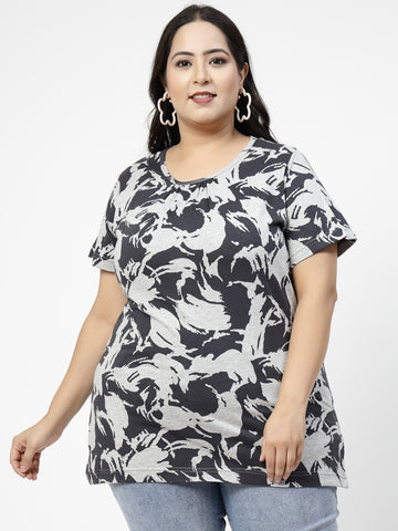 Plus Size Grey Abstract Printed Cotton T-shirt