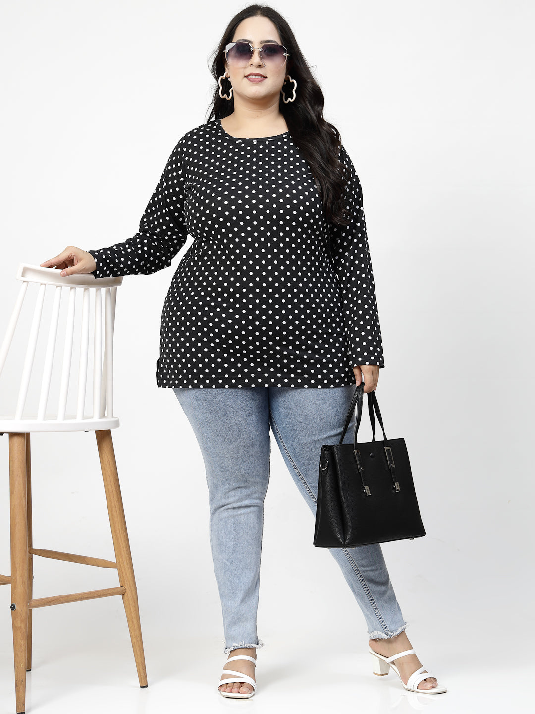 Black Polka Dots Printed Round Neck Monochrome Cotton Casual T-shirt