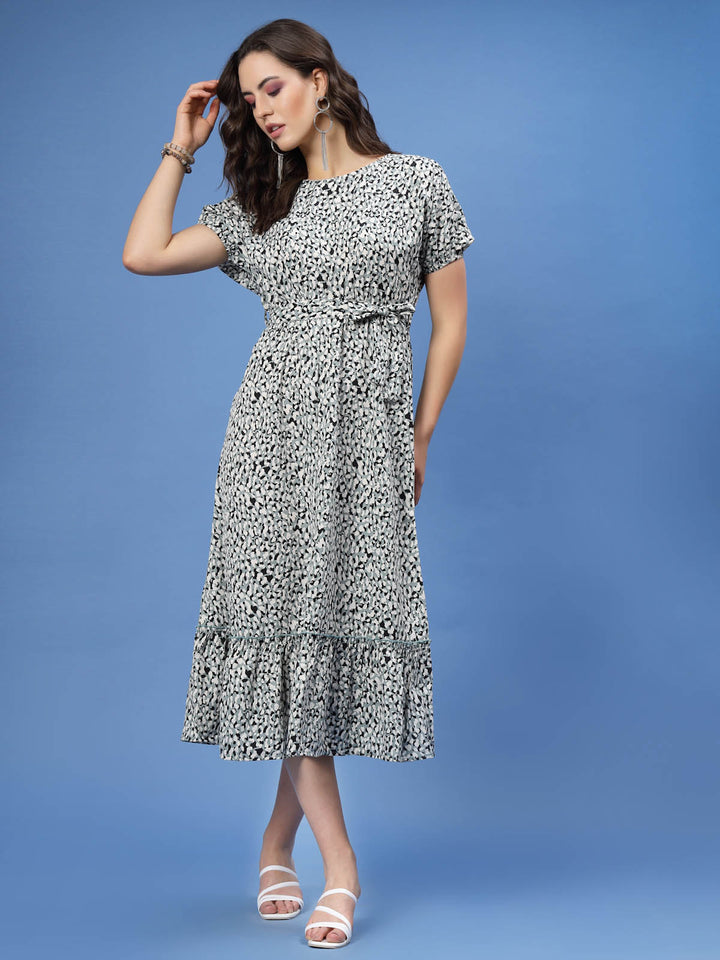 Grey Abstract Printed Fit  Flare Midi Dress