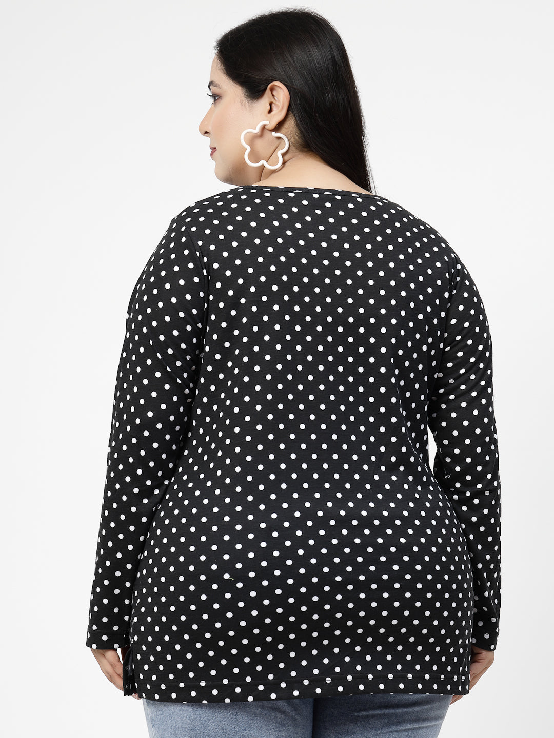 Black Polka Dots Printed Round Neck Monochrome Cotton Casual T-shirt