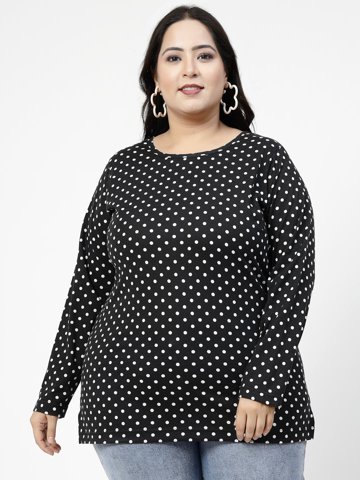 Black Polka Dots Printed Round Neck Monochrome Cotton Casual T-shirt