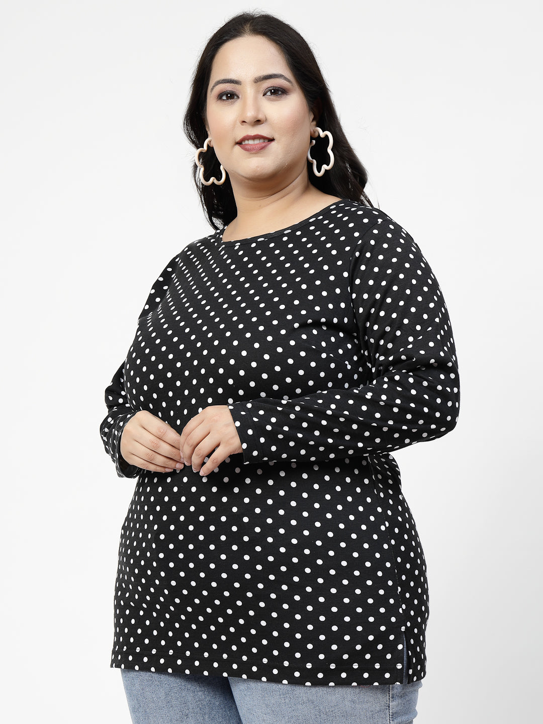 Black Polka Dots Printed Round Neck Monochrome Cotton Casual T-shirt