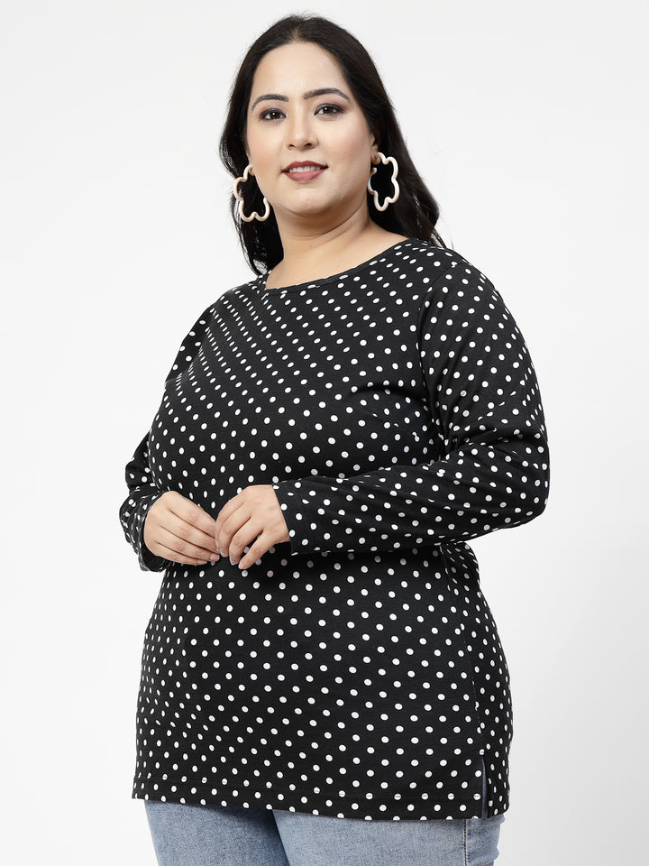 Black Polka Dots Printed Round Neck Monochrome Cotton Casual T-shirt