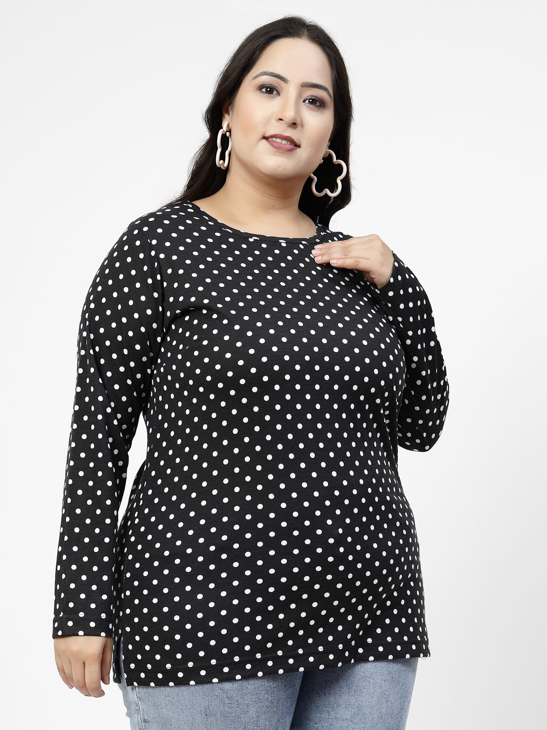 Black Polka Dots Printed Round Neck Monochrome Cotton Casual T-shirt