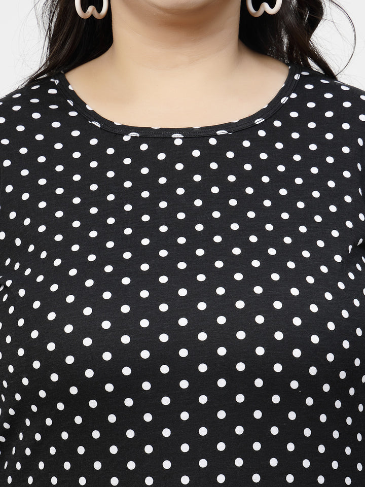 Black Polka Dots Printed Round Neck Monochrome Cotton Casual T-shirt