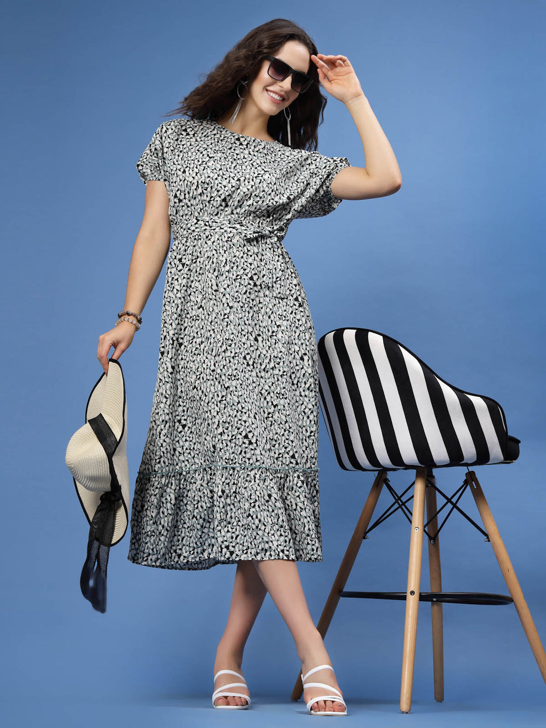 Grey Abstract Printed Fit  Flare Midi Dress