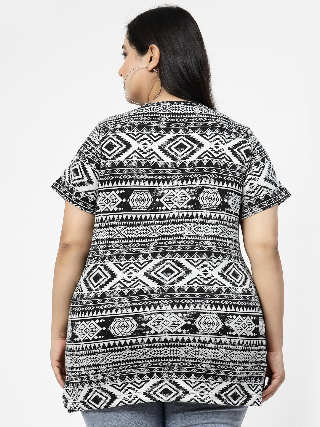 Plus Size Grey Abstract Printed Cotton T-shirt