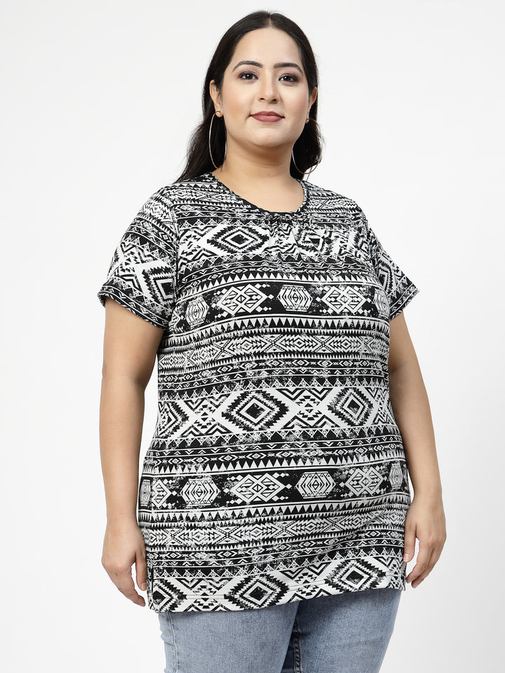 Plus Size Grey Abstract Printed Cotton T-shirt