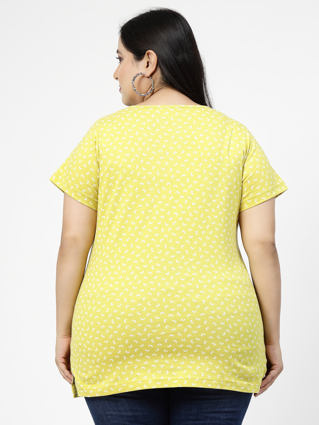 Plus Size Yellow Abstract Printed Cotton T-shirt