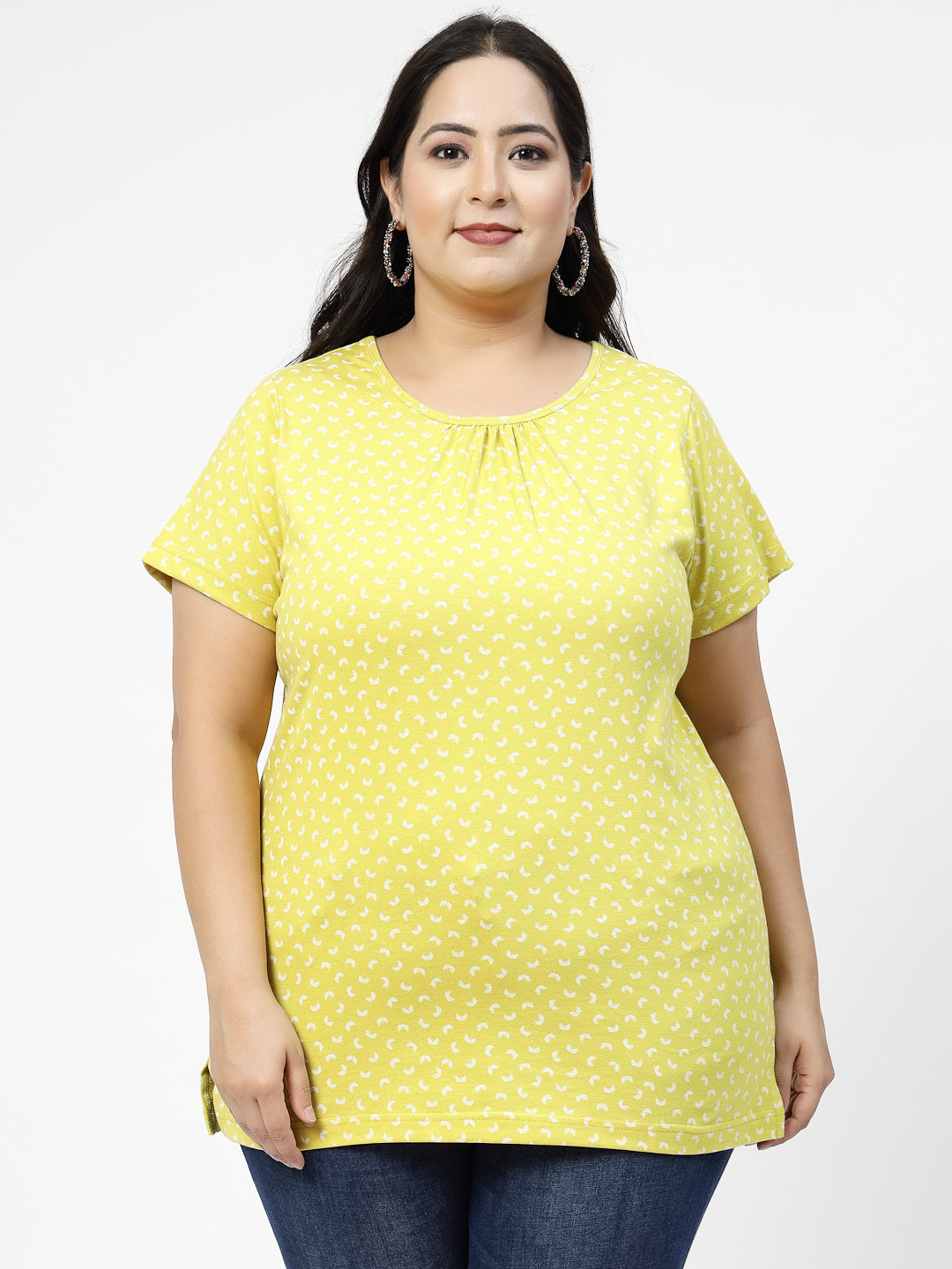 Plus Size Yellow Abstract Printed Cotton T-shirt