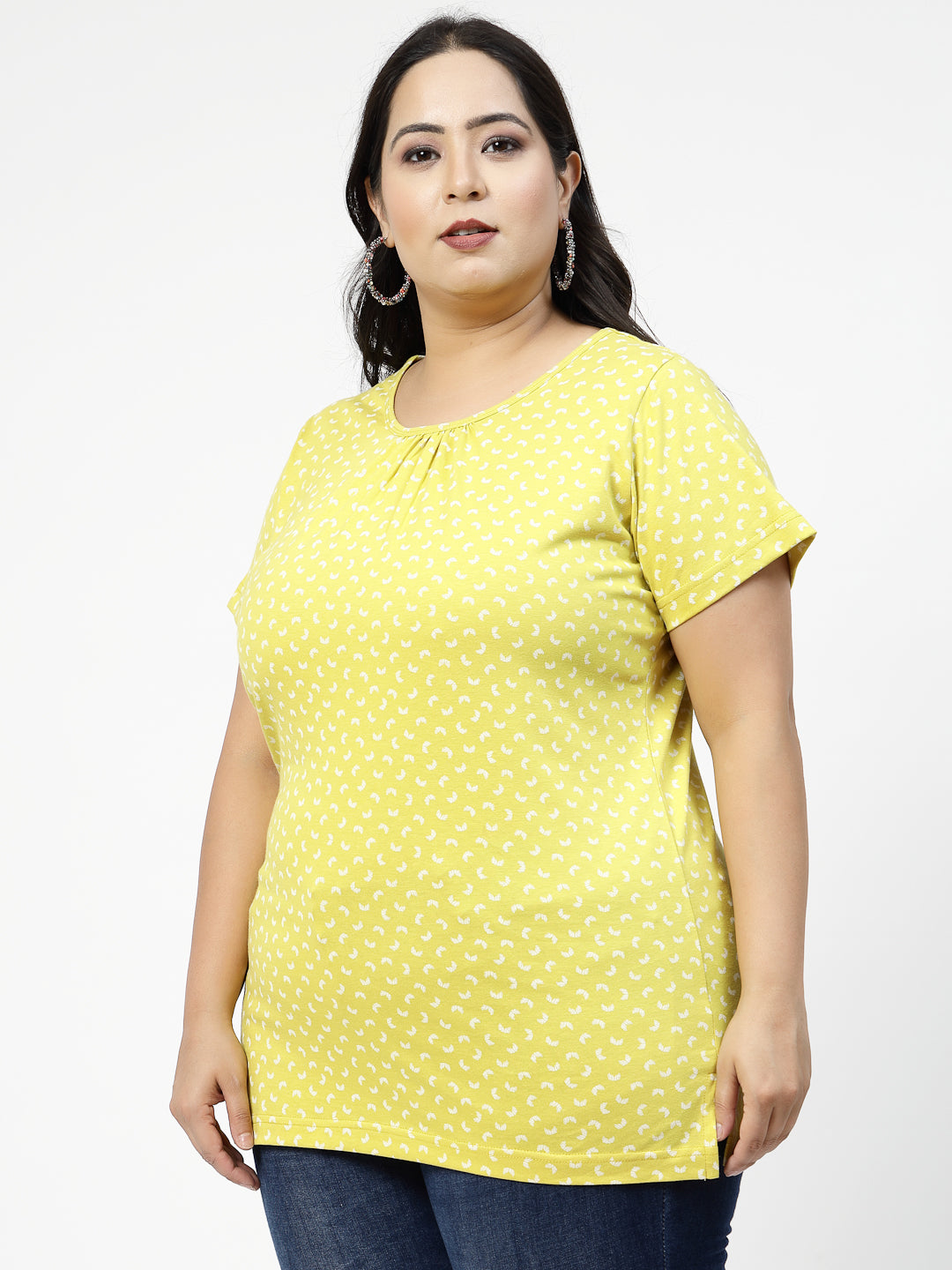 Plus Size Yellow Abstract Printed Cotton T-shirt