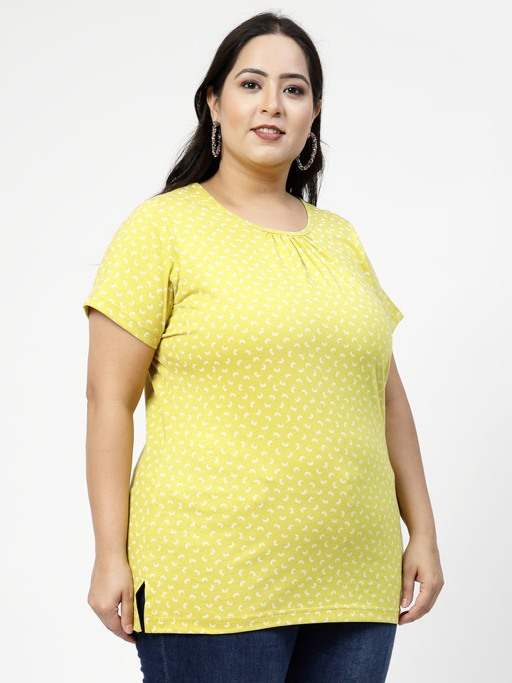 Plus Size Yellow Abstract Printed Cotton T-shirt