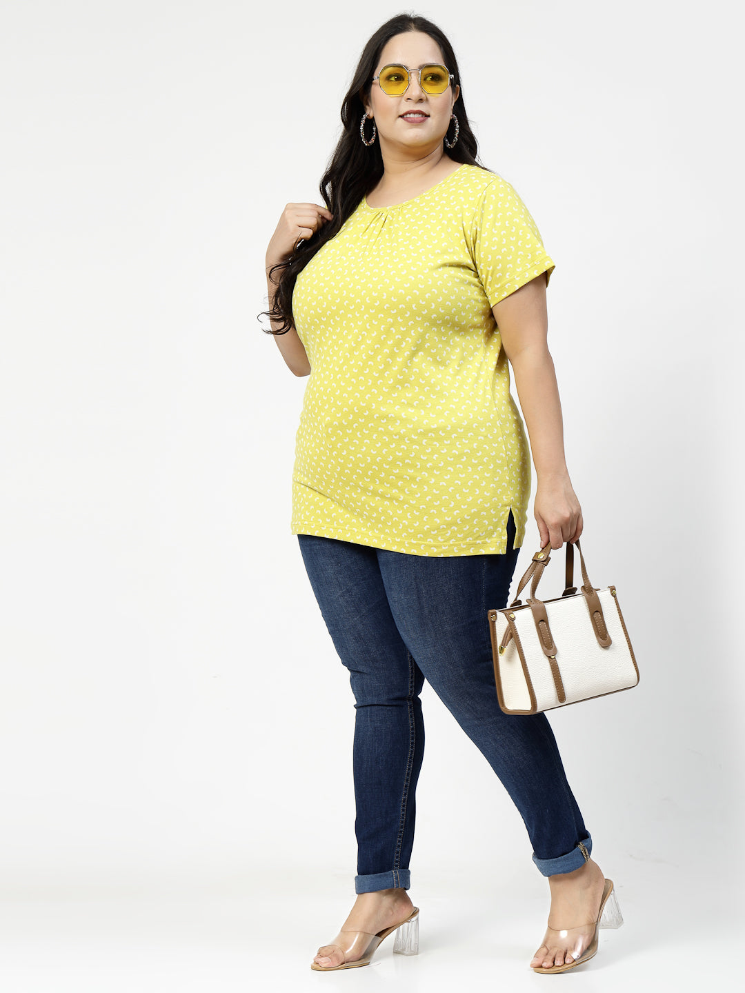 Plus Size Yellow Abstract Printed Cotton T-shirt