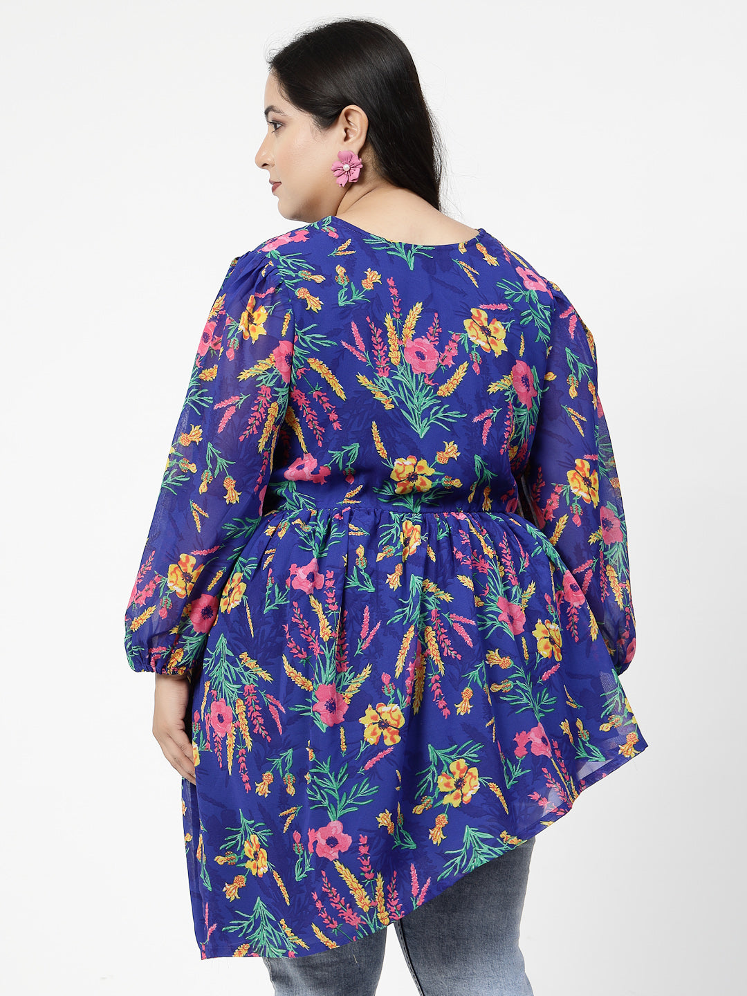 Plus Size Floral Printed V-Neck Puff Sleeves Gathered Regular Top