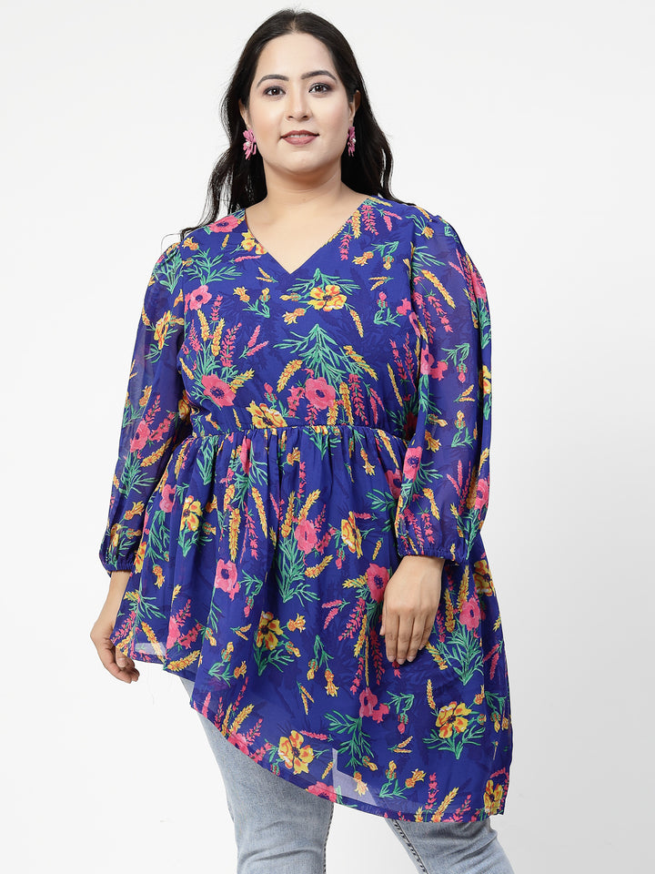 Plus Size Floral Printed V-Neck Puff Sleeves Gathered Regular Top