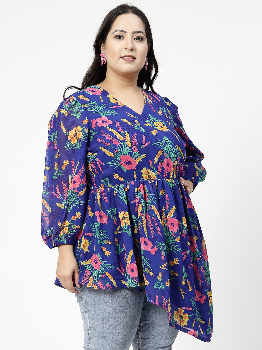 Plus Size Floral Printed V-Neck Puff Sleeves Gathered Regular Top