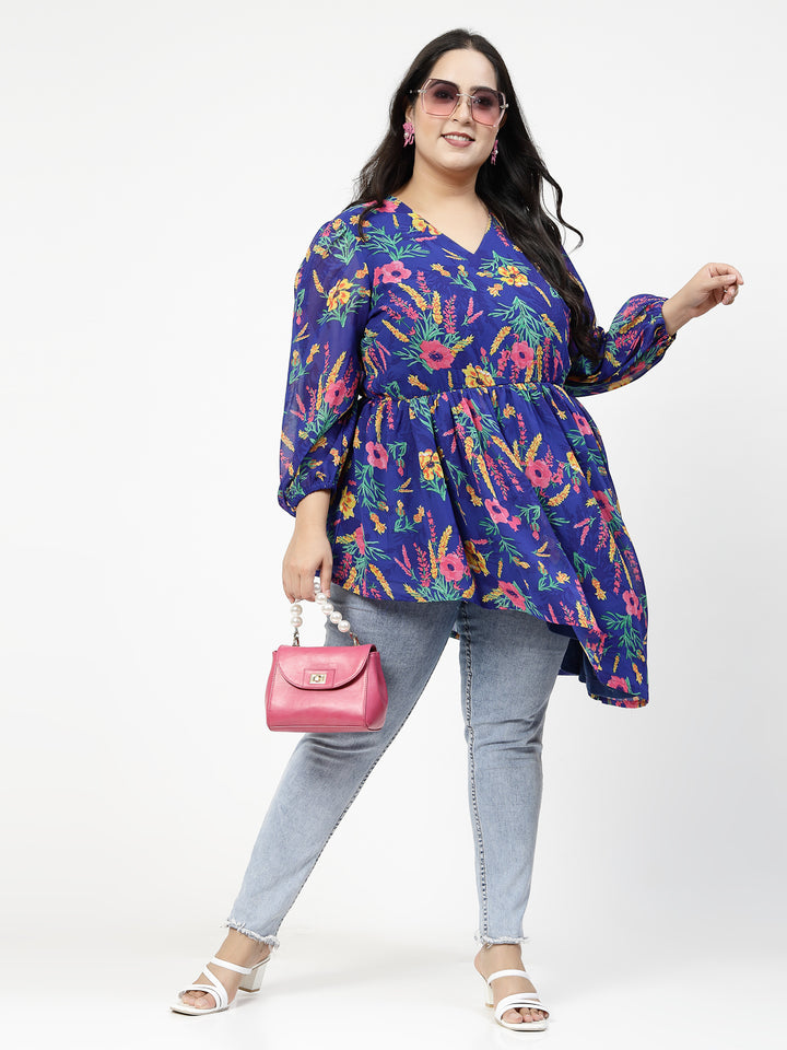 Plus Size Floral Printed V-Neck Puff Sleeves Gathered Regular Top