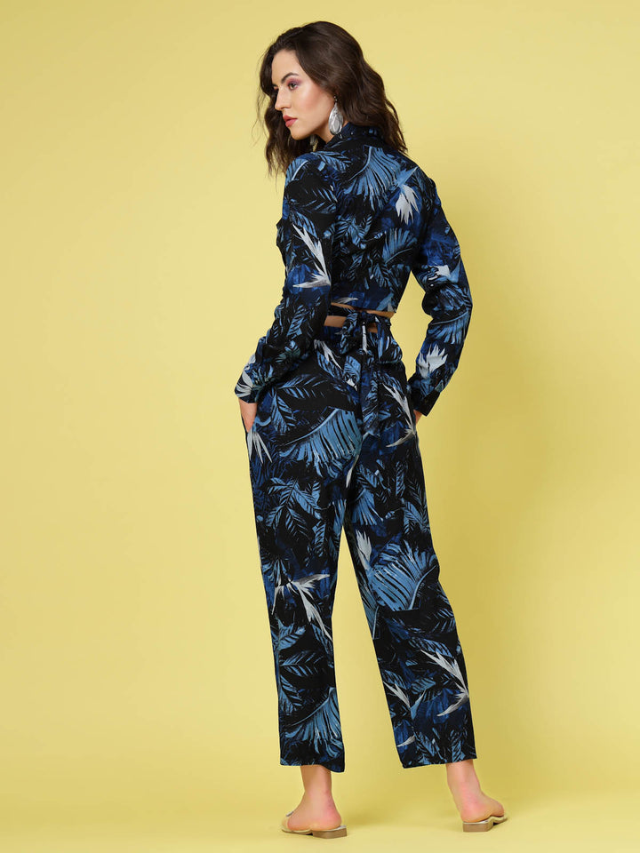 Navy Blue  White Printed Shirt Collar Crop Top  Trousers