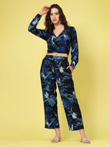 Navy Blue  White Printed Shirt Collar Crop Top  Trousers