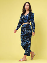 Navy Blue  White Printed Shirt Collar Crop Top  Trousers