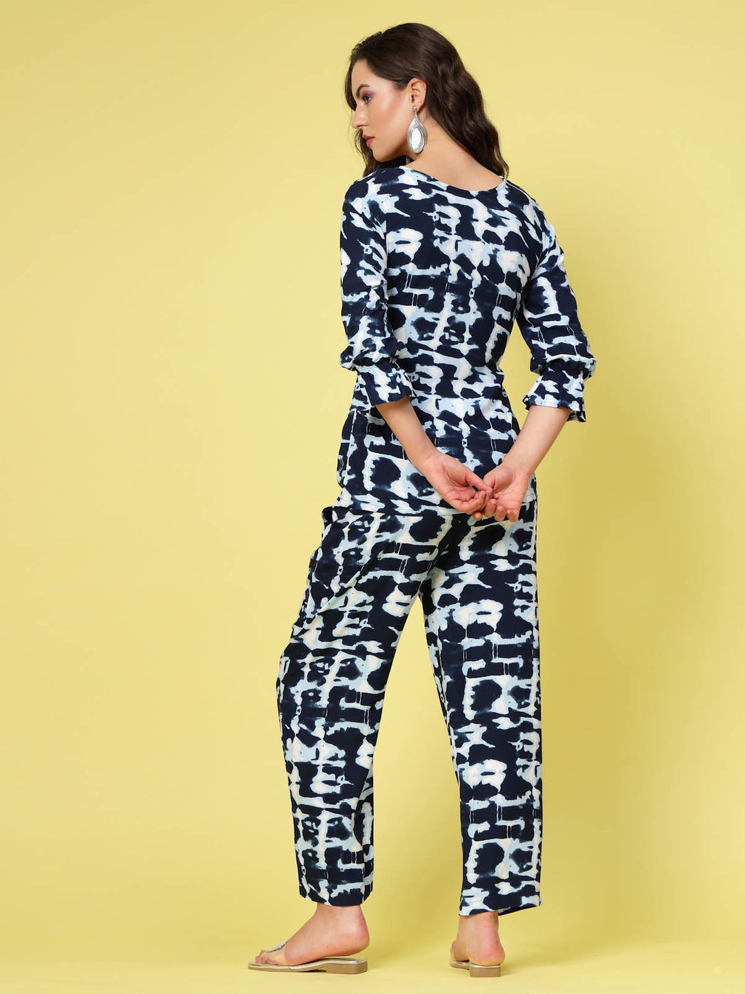 Abstract Printed Boat Neck Tie Up Top  Trouser