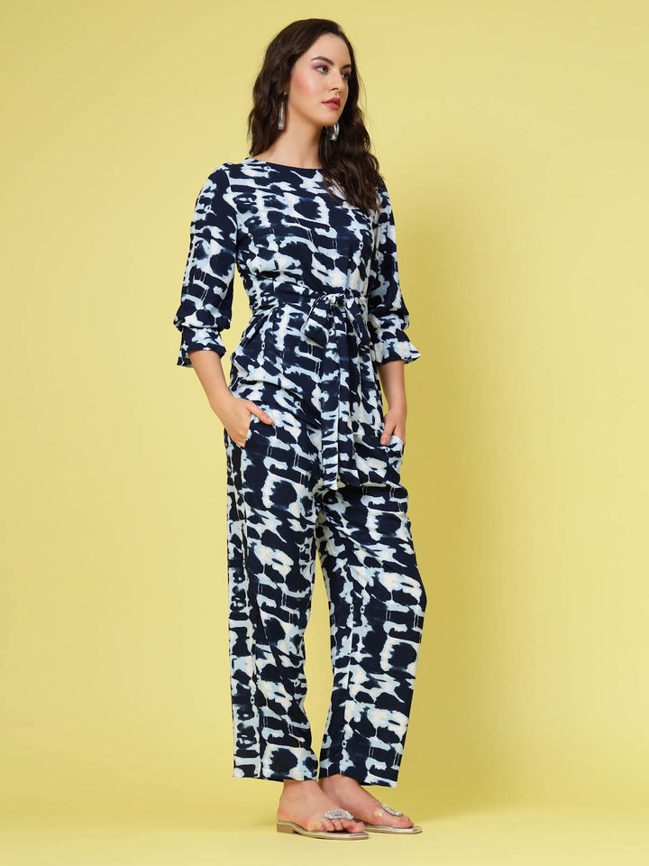 Abstract Printed Boat Neck Tie Up Top  Trouser