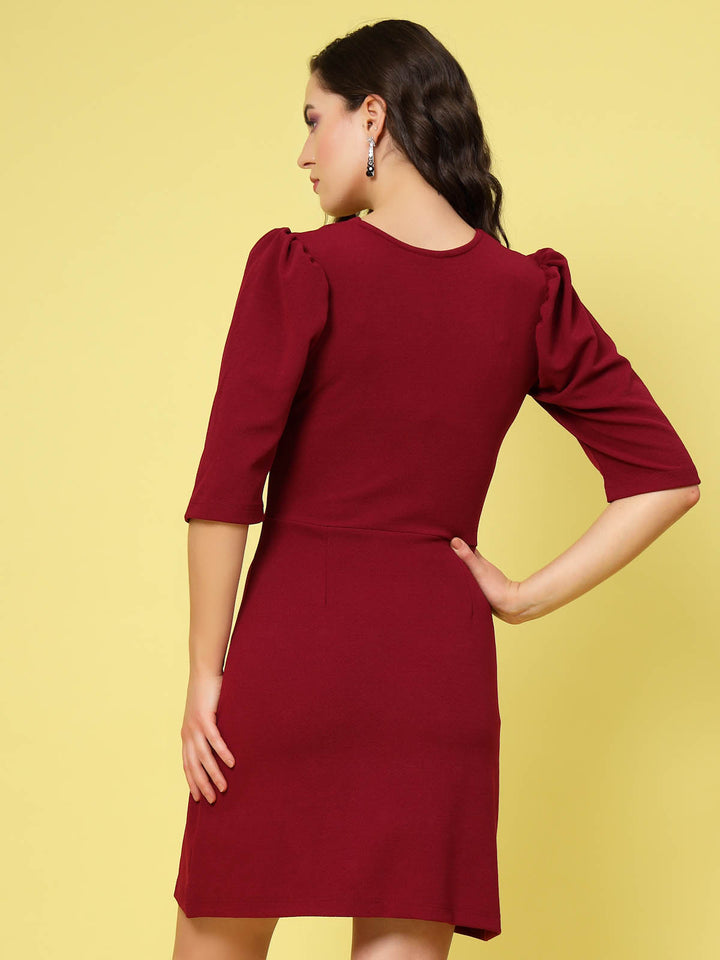 Maroon V-Neck Puff Sleeve Sheath Dress