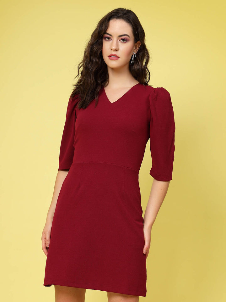 Maroon V-Neck Puff Sleeve Sheath Dress