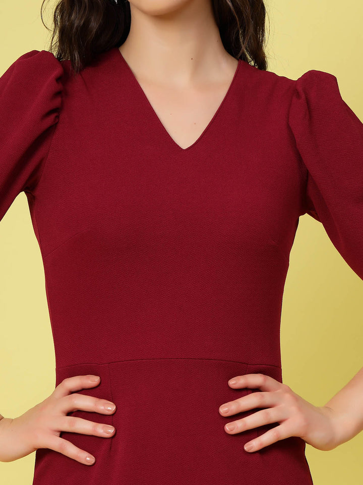 Maroon V-Neck Puff Sleeve Sheath Dress