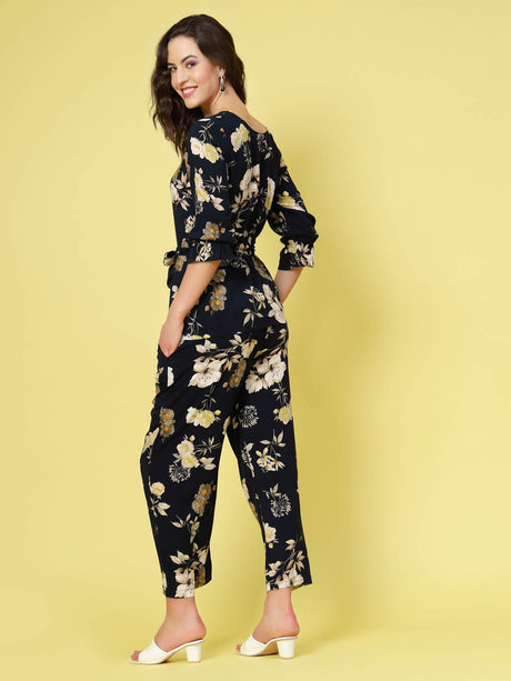 Black  Beige Floral Printed Top With Trouser