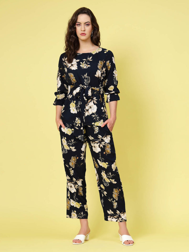 Black  Beige Floral Printed Top With Trouser