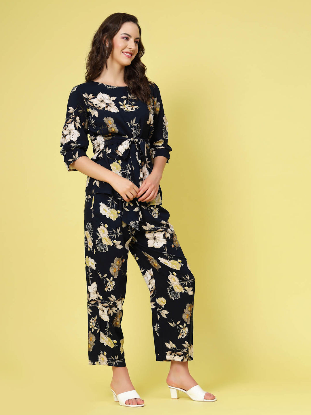 Black  Beige Floral Printed Top With Trouser