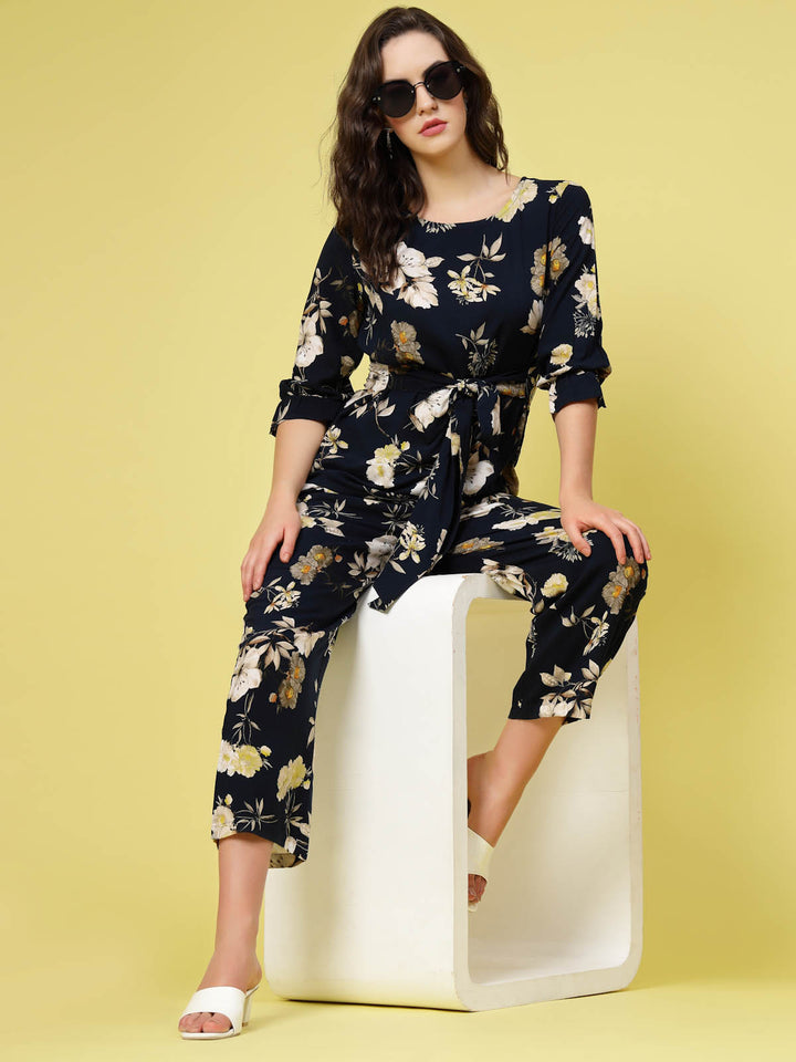 Black  Beige Floral Printed Top With Trouser