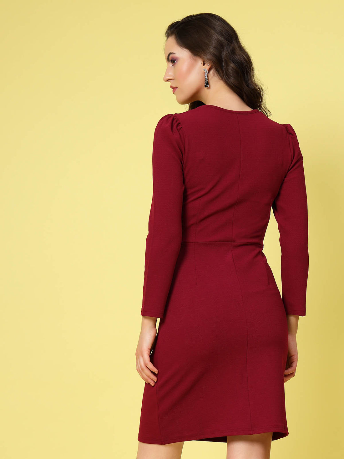 Maroon Square Neck Puff Sleeve Sheath Dress