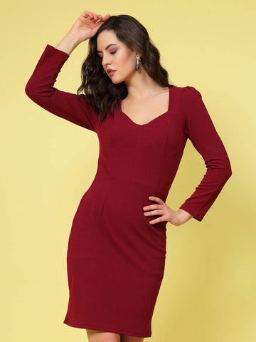 Maroon Square Neck Puff Sleeve Sheath Dress