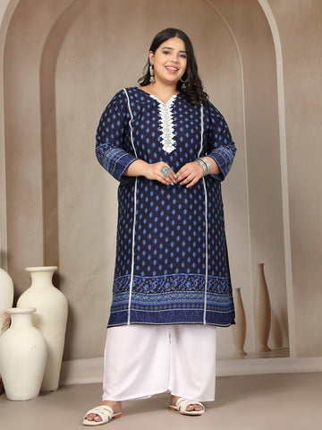 Plus Size Geometric Printed Daily Straight Kurta