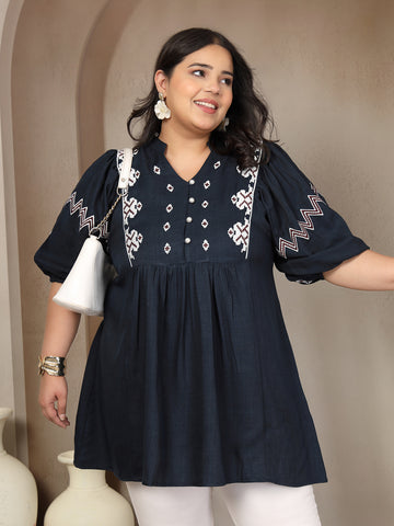Plus Size Embroidered Puff Sleeve Ethnic Top