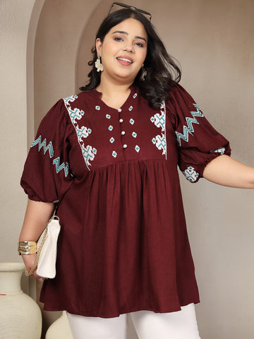 Plus Size Embroidered Puff Sleeve Ethnic Top