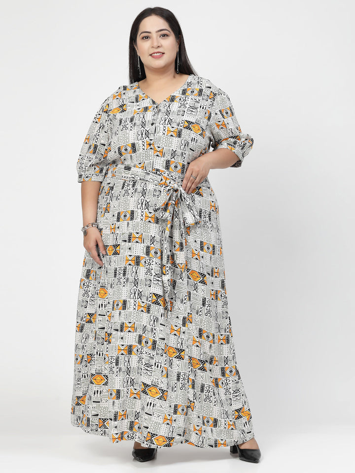 V Neck Puff Sleeves Floral Print Maxi Plus Size Dress