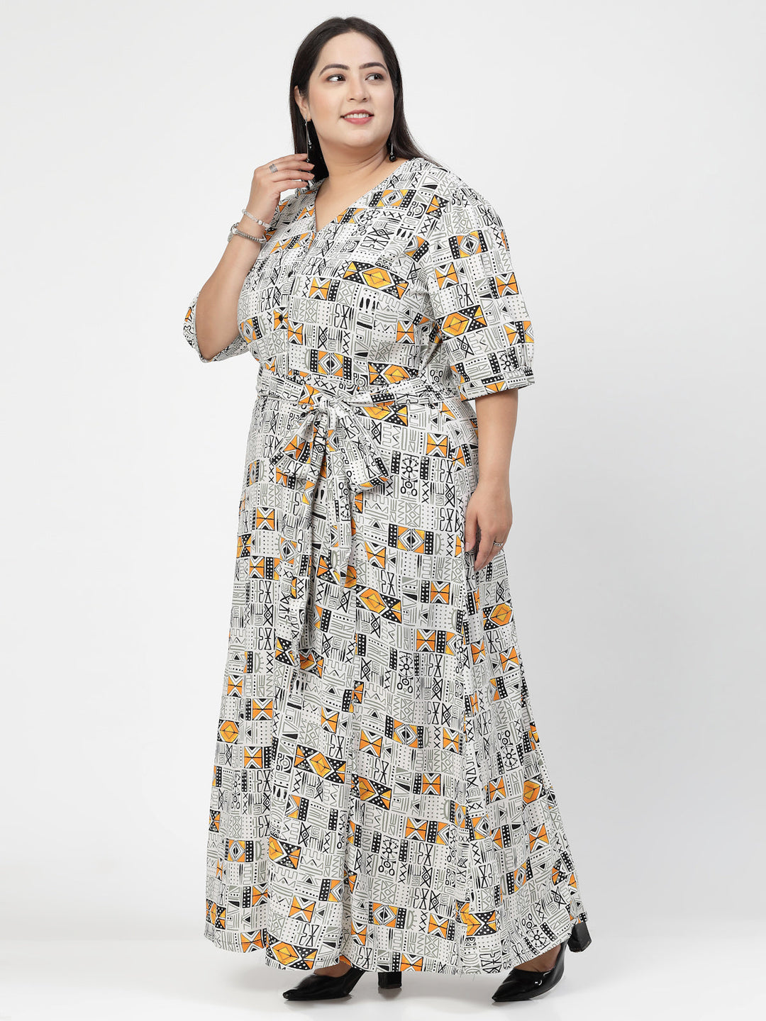 V Neck Puff Sleeves Floral Print Maxi Plus Size Dress