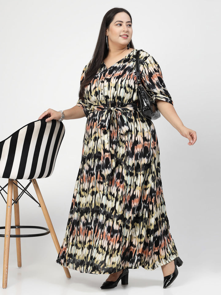 Round Neck Puff Sleeves Print Maxi Plus Size Dress