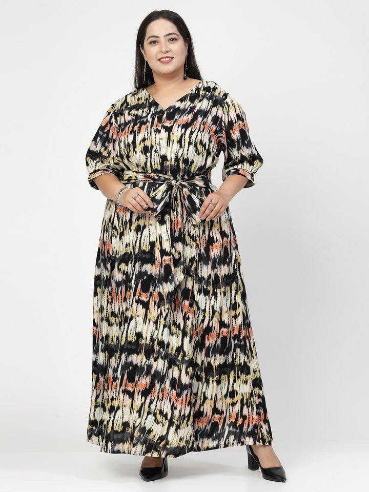 Round Neck Puff Sleeves Print Maxi Plus Size Dress