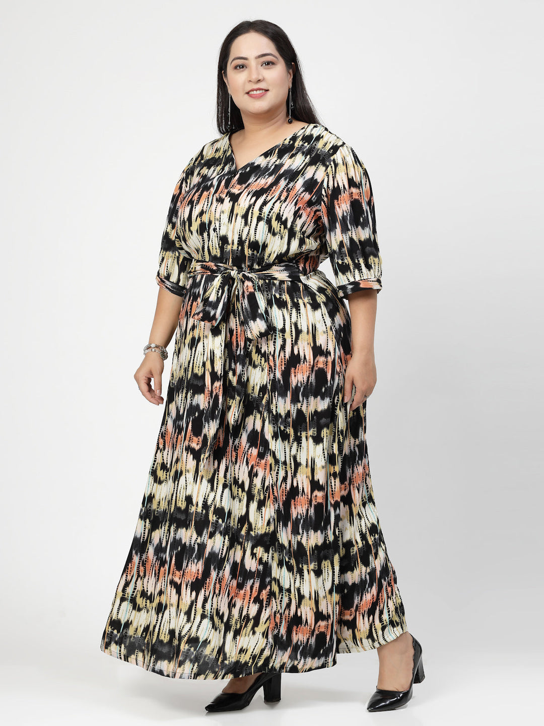 Round Neck Puff Sleeves Print Maxi Plus Size Dress