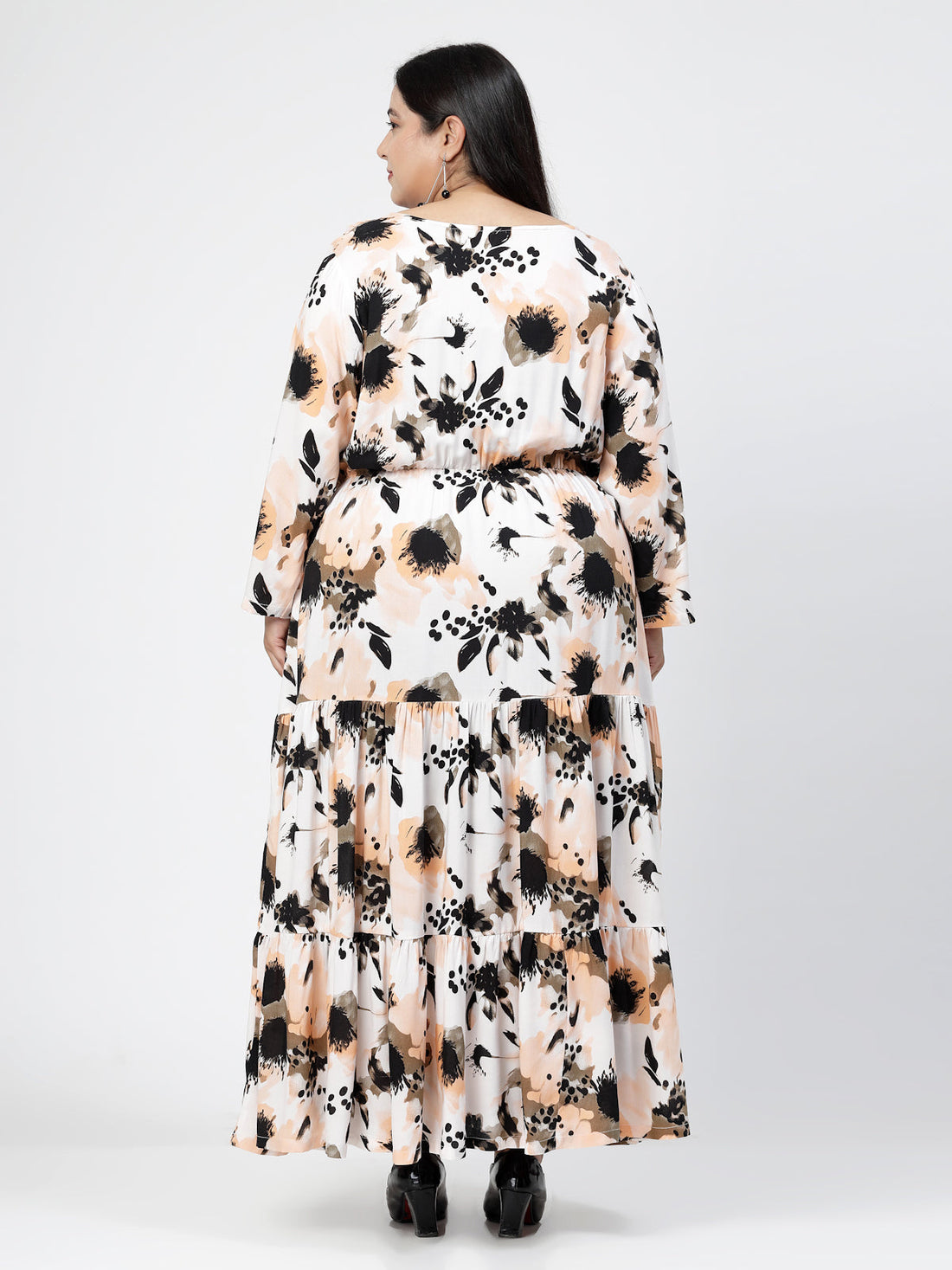 Round Neck Long Puff Sleeves Floral Print Maxi Plus Size Dress